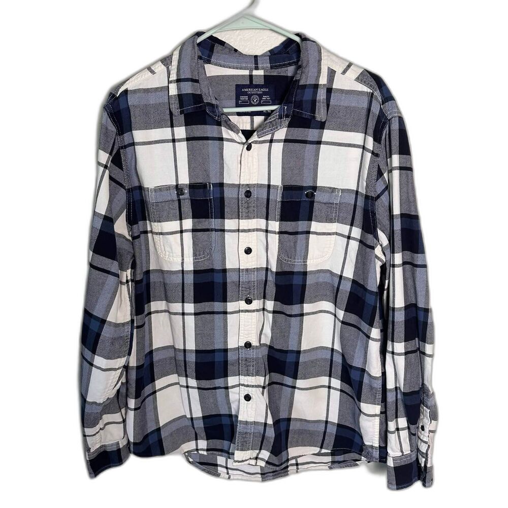 American Eagle Men XL Plaid Button Down Shirt Blue White Cotton Prep Fit